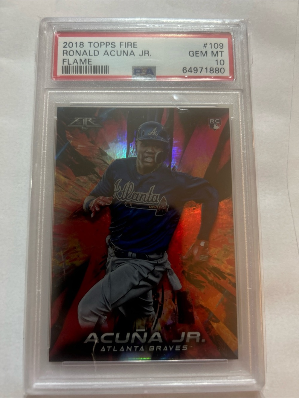 2018 TOPPS FIRE  RONALD ACUNA JR. FLAME ROOKIE RC #109 PSA 10 Braves